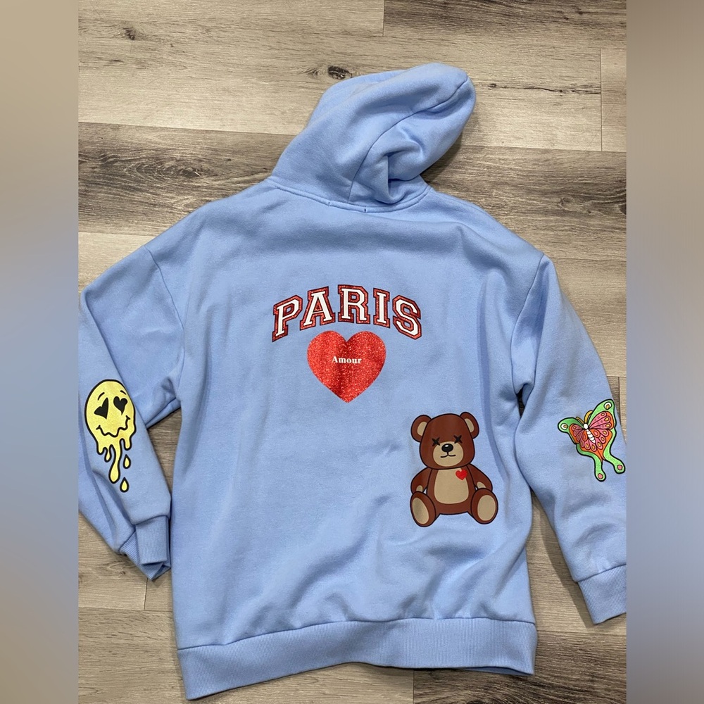 Sparkly glitter tattoo graphics hoodie Size: Large Color: Baby Blue  EUC - Picture 2 of 11